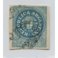 ARGENTINA 1862 GJ 09 ESCUDITO de 15 Cts. ESTAMPILLA CON MATASELLO GUALEGUAYCHU, HERMOSO EJEMPLAR U$ 245 + 75 %